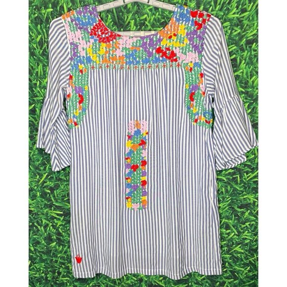 J. Marie Blue Striped Floral Embroidered Ana Maria Dress Bell Sleeve Women Small - Picture 1 of 5